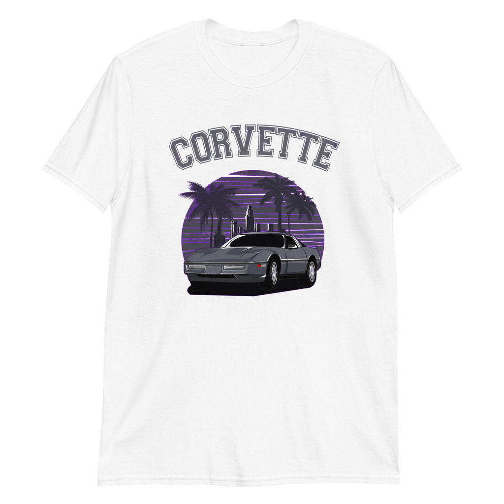 Purple Cityscape Palm Tree C4 Corvette Unisex T-Shirt - Urban Retro Tee