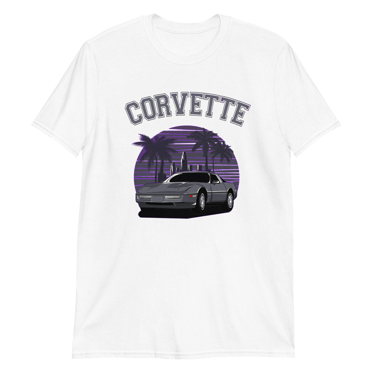Purple Cityscape Palm Tree C4 Corvette Unisex T-Shirt - Urban Retro Tee