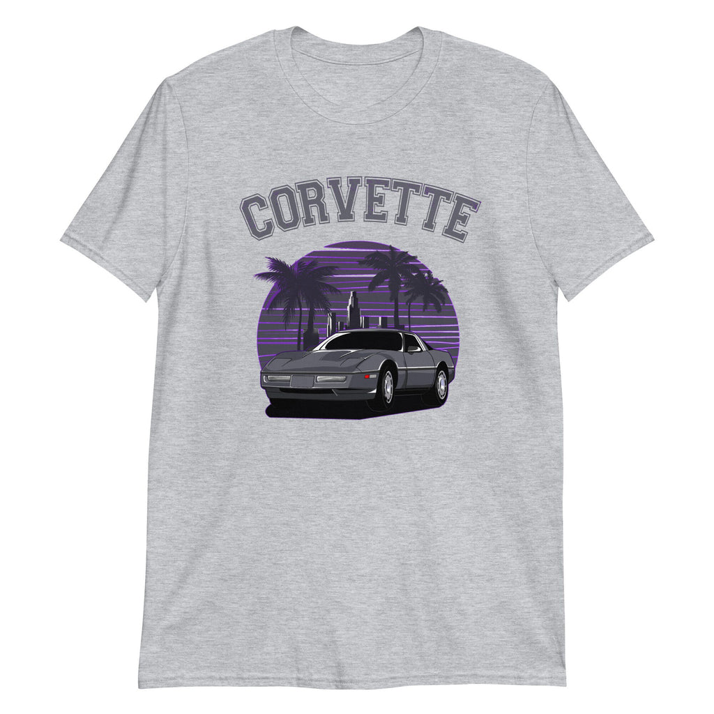 Purple Cityscape Palm Tree C4 Corvette Unisex T-Shirt - Urban Retro Tee