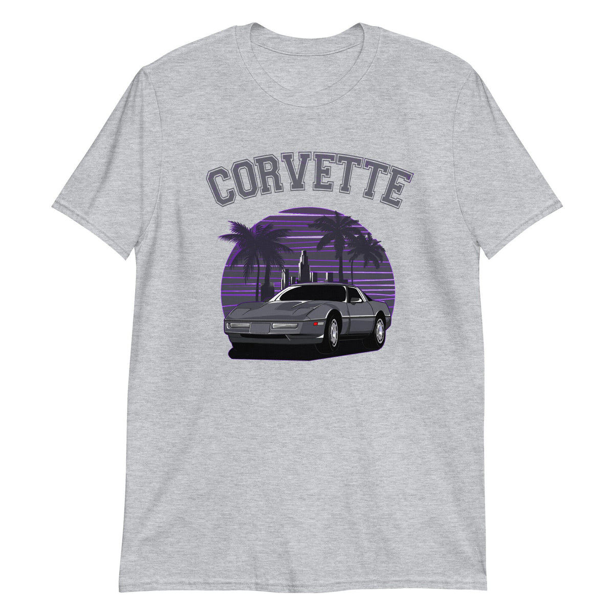 Purple Cityscape Palm Tree C4 Corvette Unisex T-Shirt - Urban Retro Tee