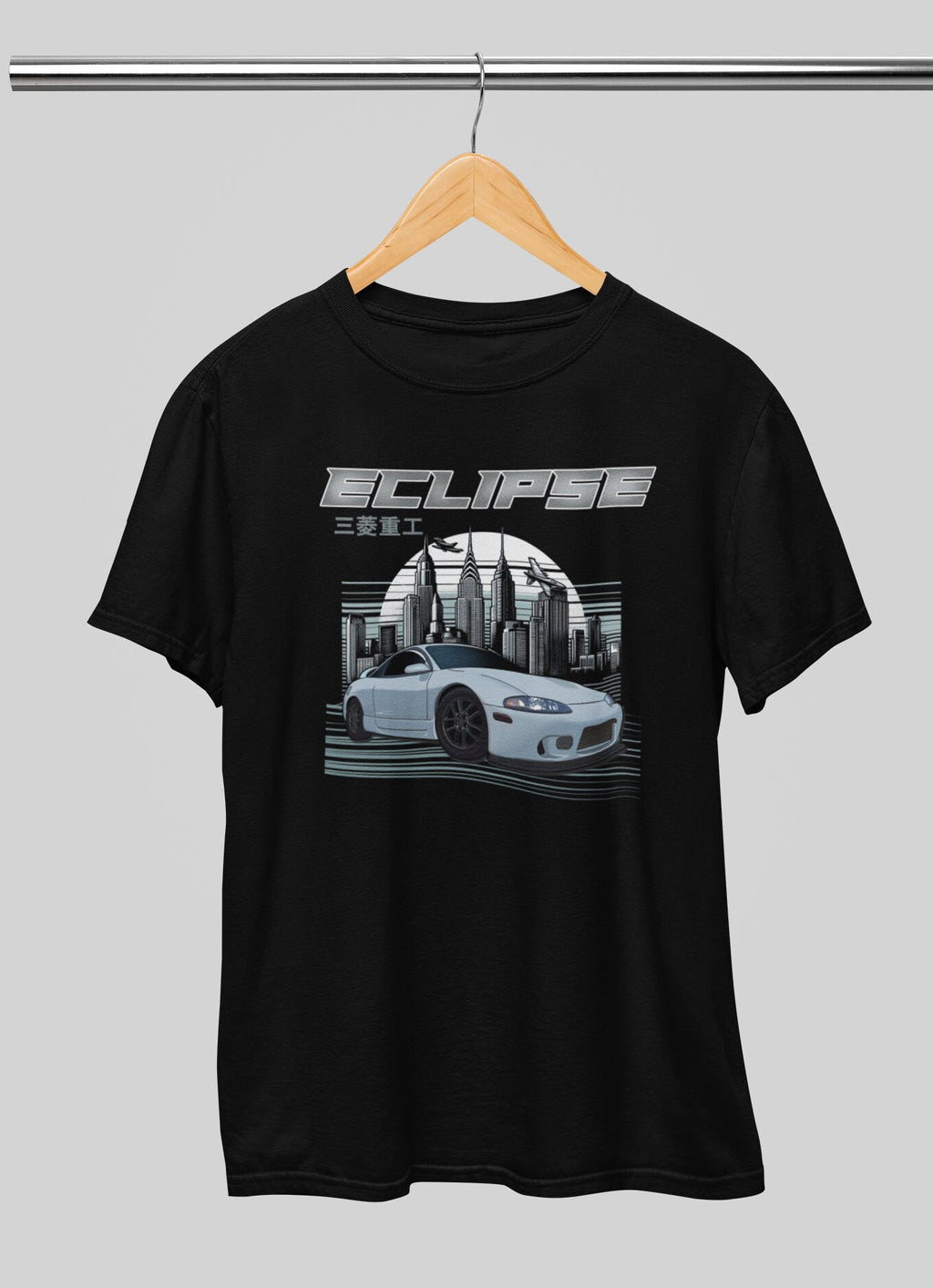 Urban Skyline: Unisex Mitsubishi Eclipse Cityscape T-Shirt in Black
