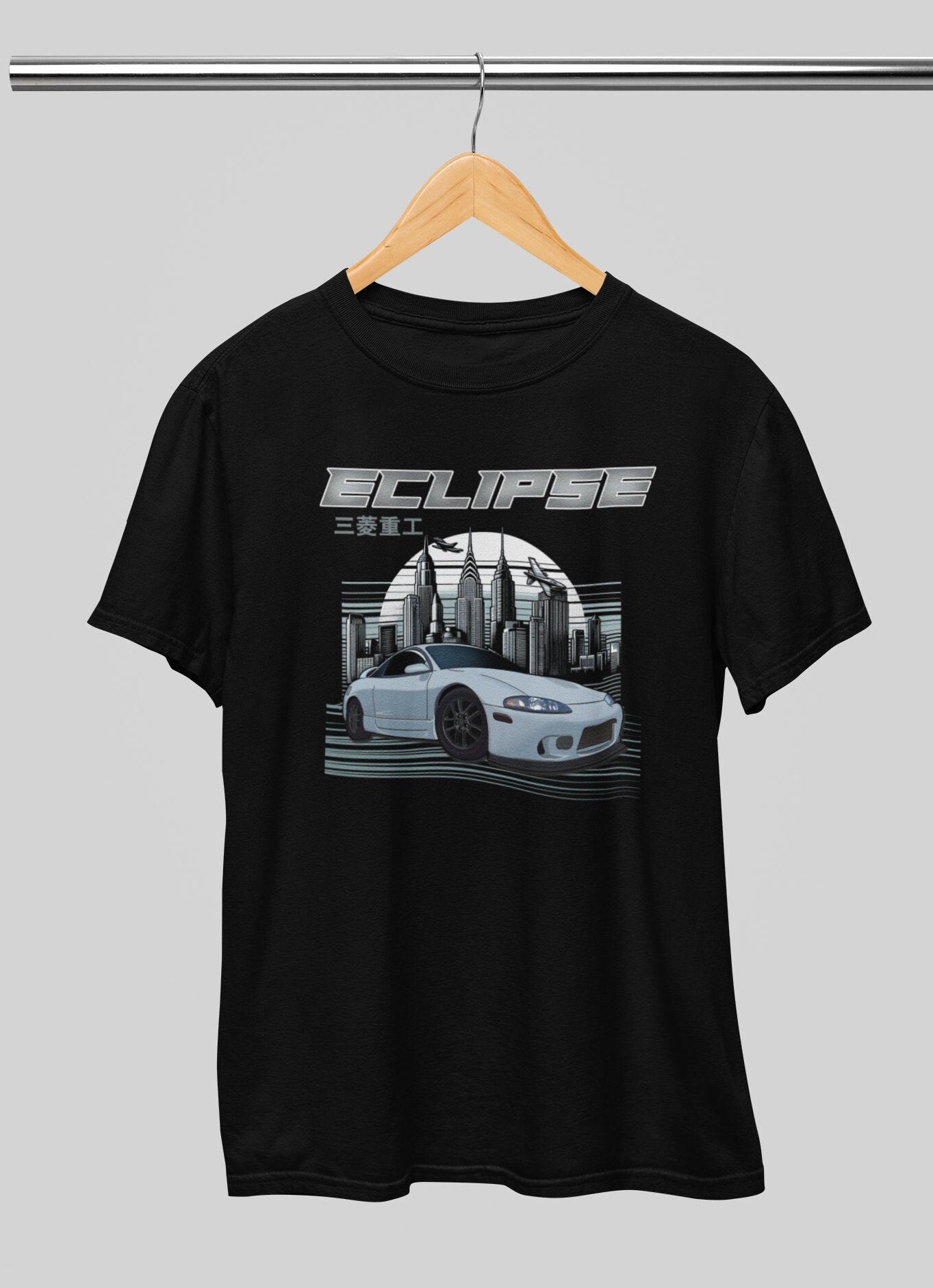 Urban Skyline: Unisex Mitsubishi Eclipse Cityscape T-Shirt in Black