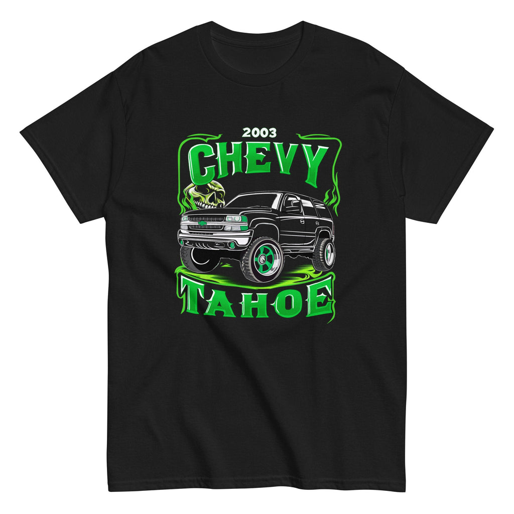 Black Chevy Tahoe Bright Green Skull Flames Unisex classic tee