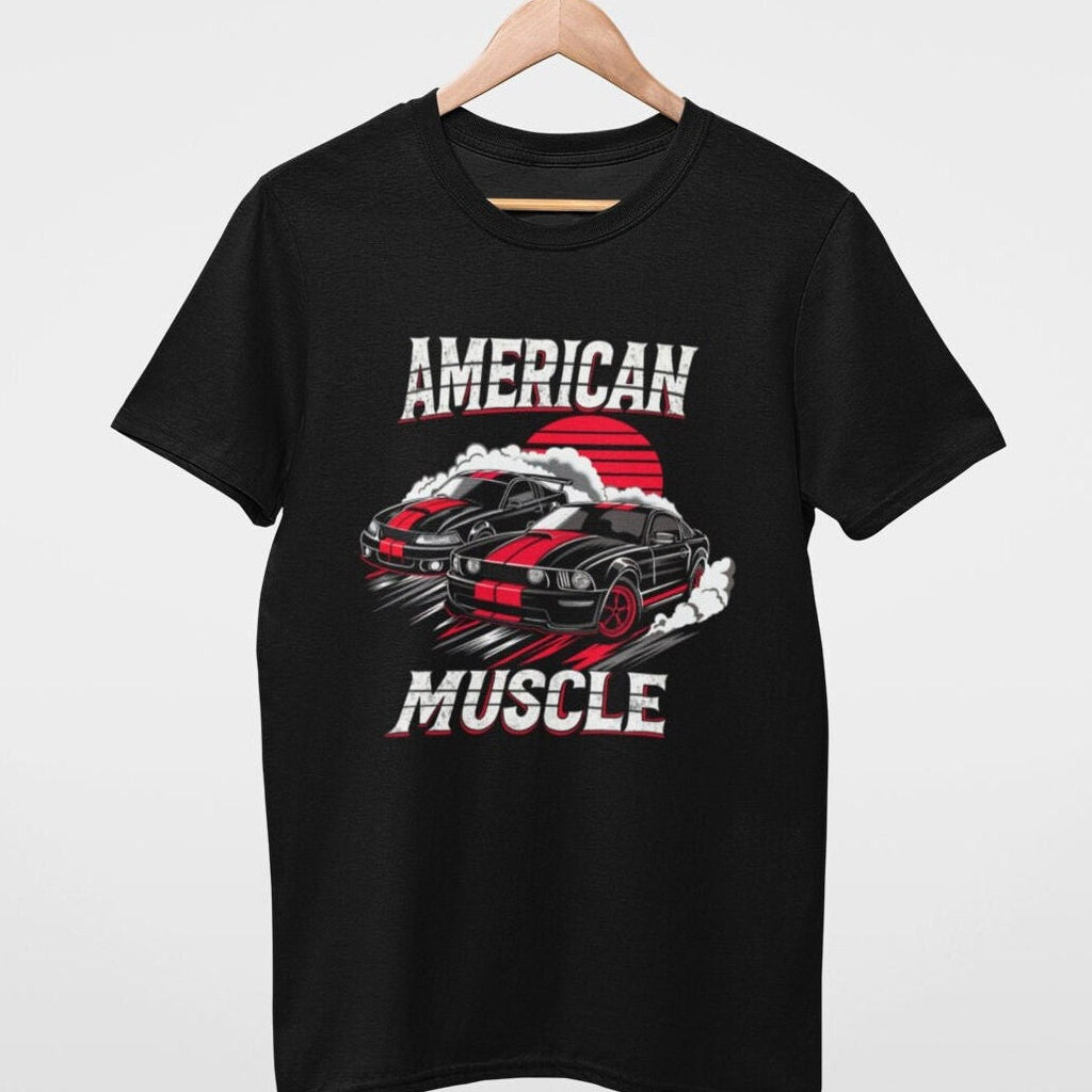 American Muscle Car T-Shirt: Red & Black Mustang Drift Design