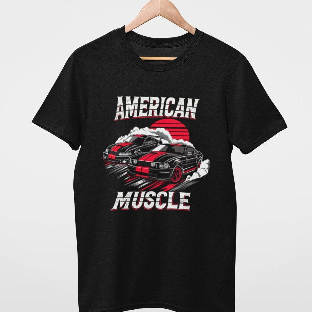 American Muscle Car T-Shirt: Red & Black Mustang Drift Design
