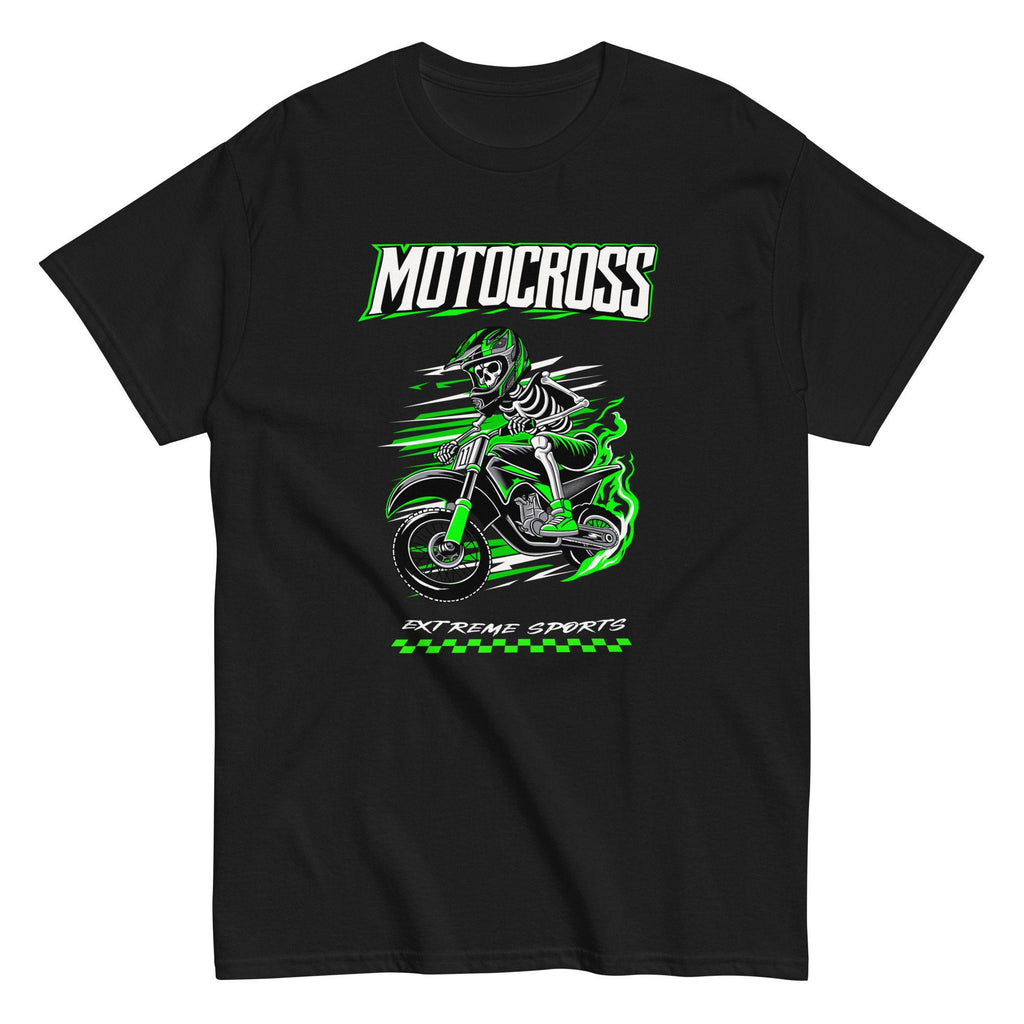 Bold Skeleton Motocross T-Shirt – Extreme Sports Graphic Tee for Riders | Red & Green Dirt Bike Racing Shirt