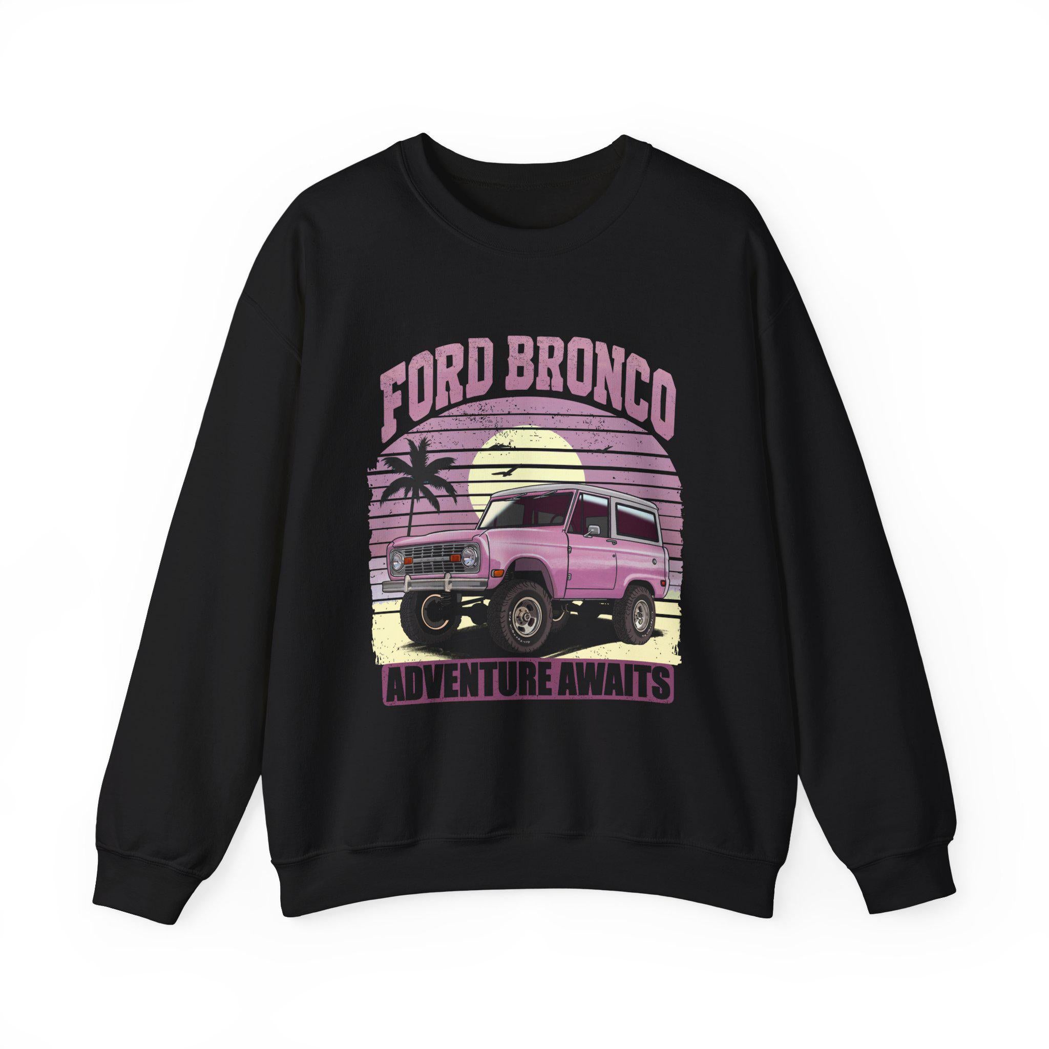 Retro Sunset Adventure Awaits Pullover Sweatshirt, Ford Bronco 1960s Pastel Pink Feminine Gift, Unisex Vintage Crewneck