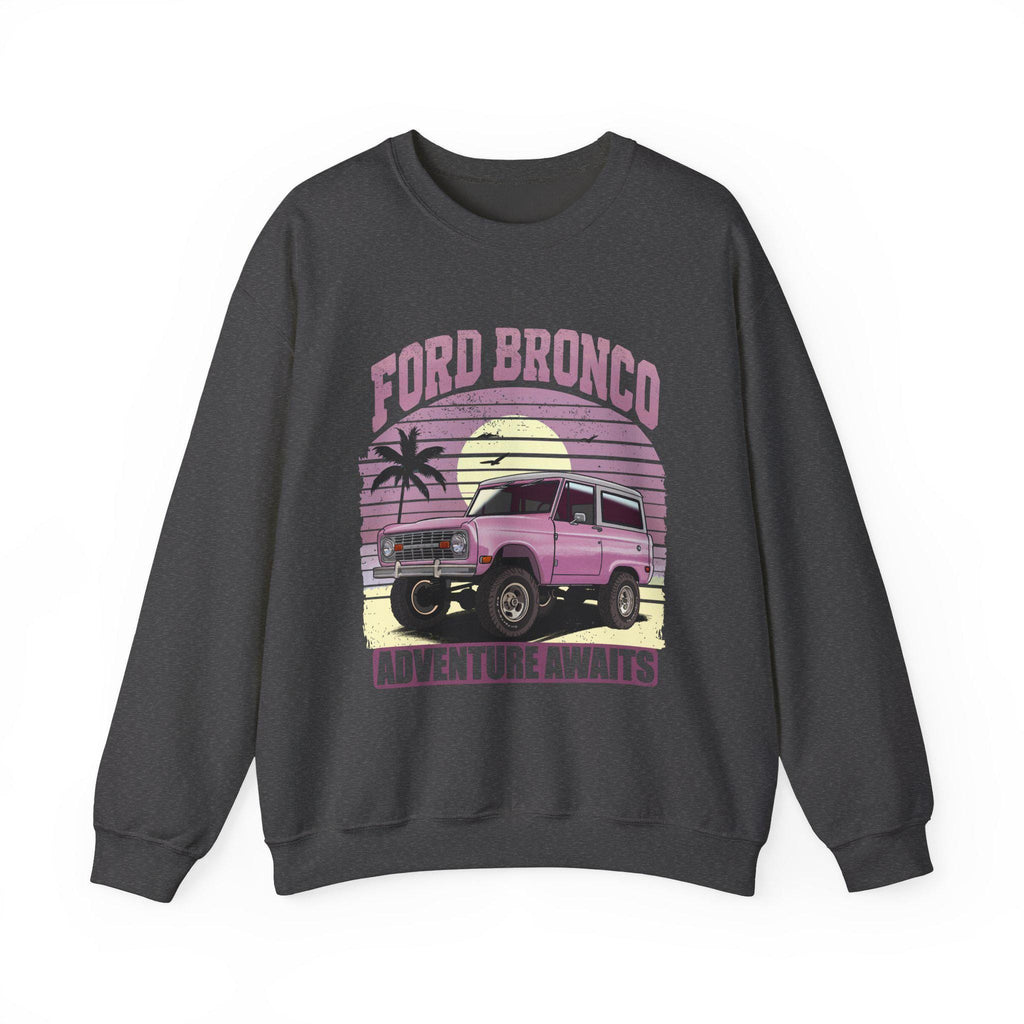 Retro Sunset Adventure Awaits Pullover Sweatshirt, Ford Bronco 1960s Pastel Pink Feminine Gift, Unisex Vintage Crewneck
