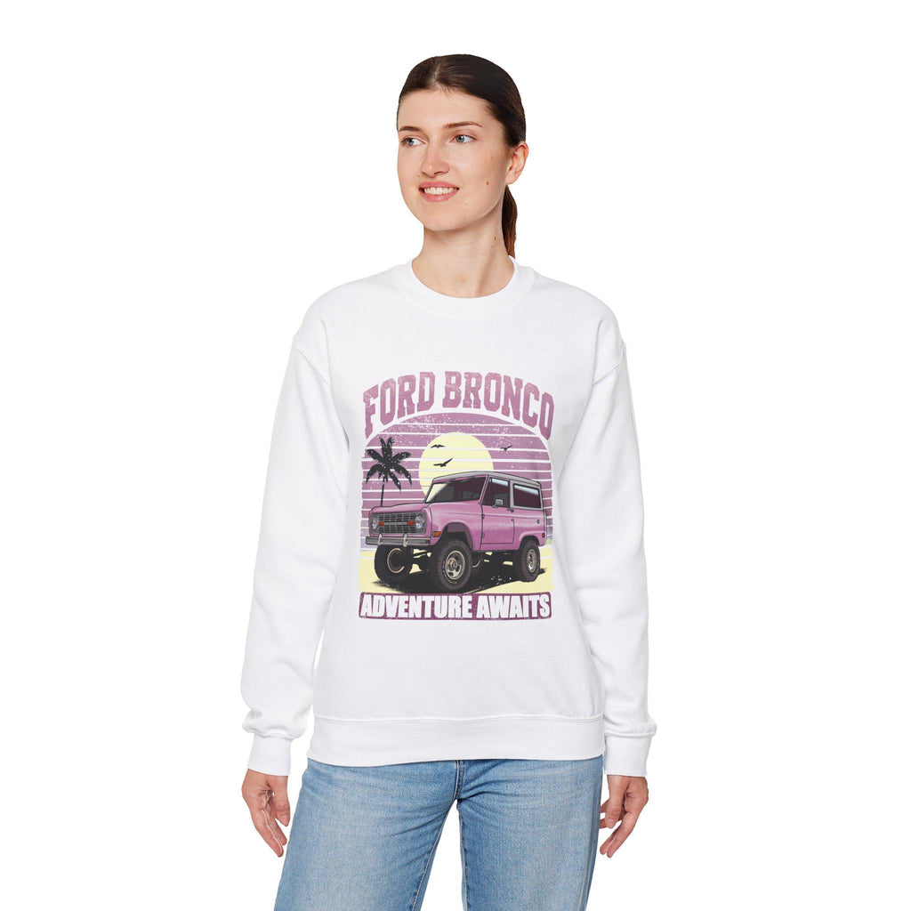 Retro Sunset Adventure Awaits Pullover Sweatshirt, Ford Bronco 1960s Pastel Pink Feminine Gift, Unisex Vintage Crewneck