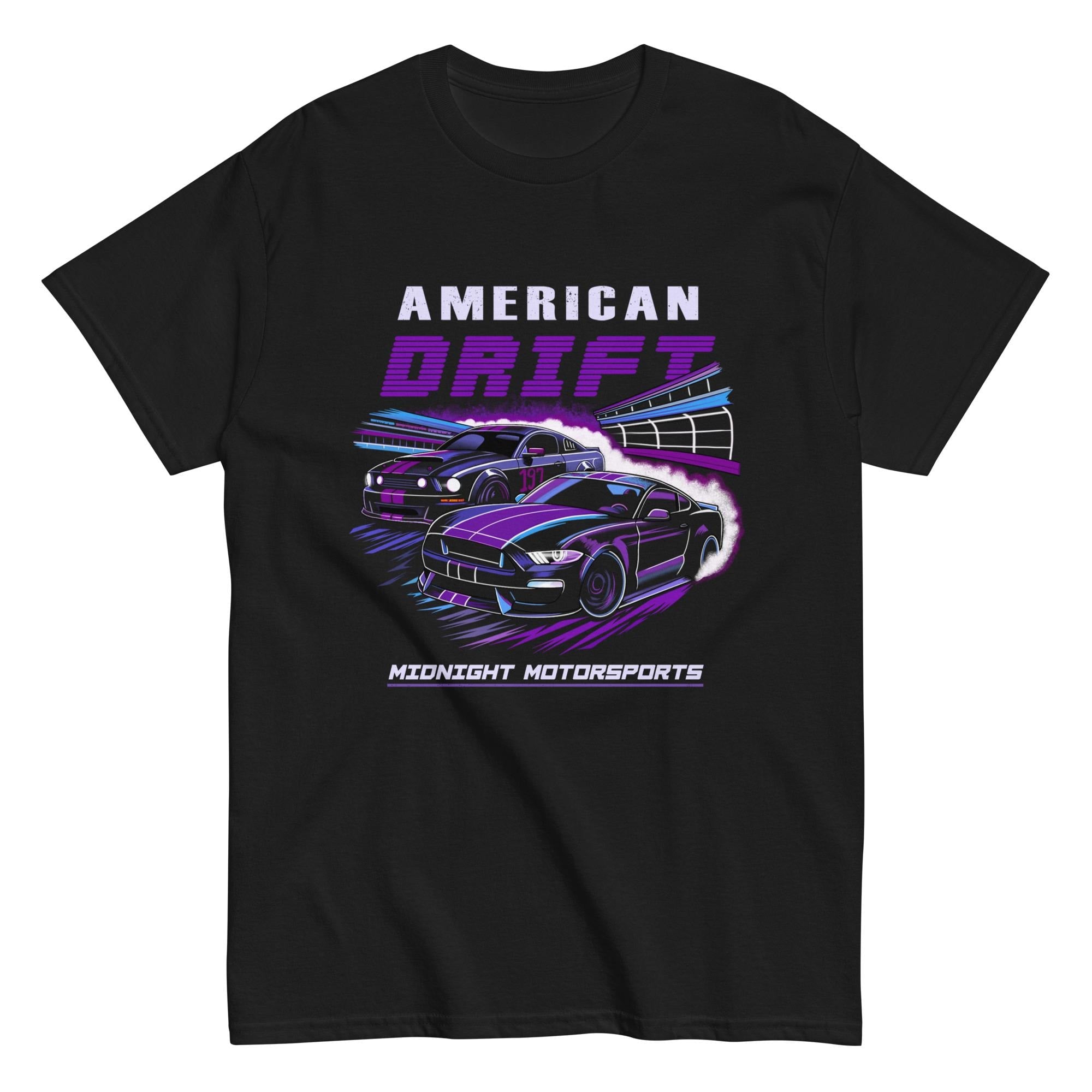 American Drift Midnight Motorsports T-Shirt - Retro Neon Style Drift Car Graphic Short Sleeve Shirt