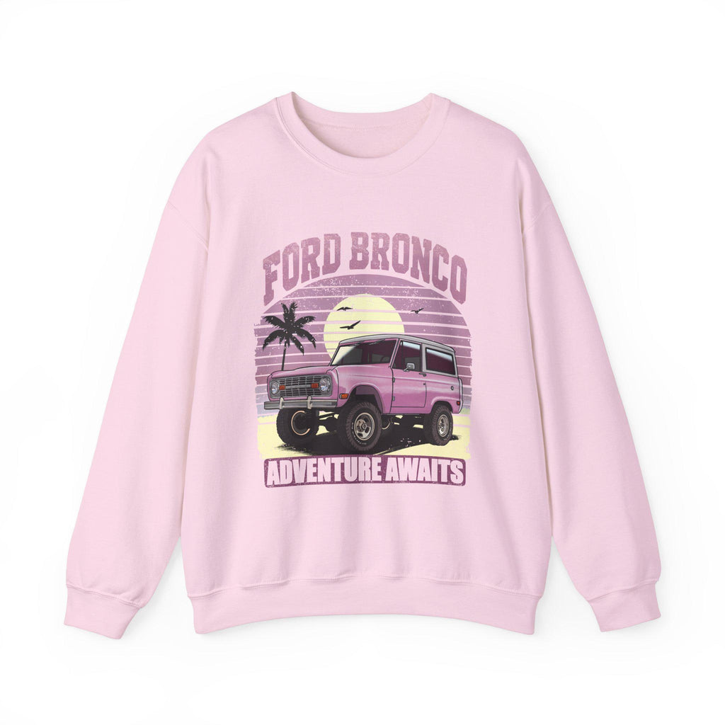 Retro Sunset Adventure Awaits Pullover Sweatshirt, Ford Bronco 1960s Pastel Pink Feminine Gift, Unisex Vintage Crewneck