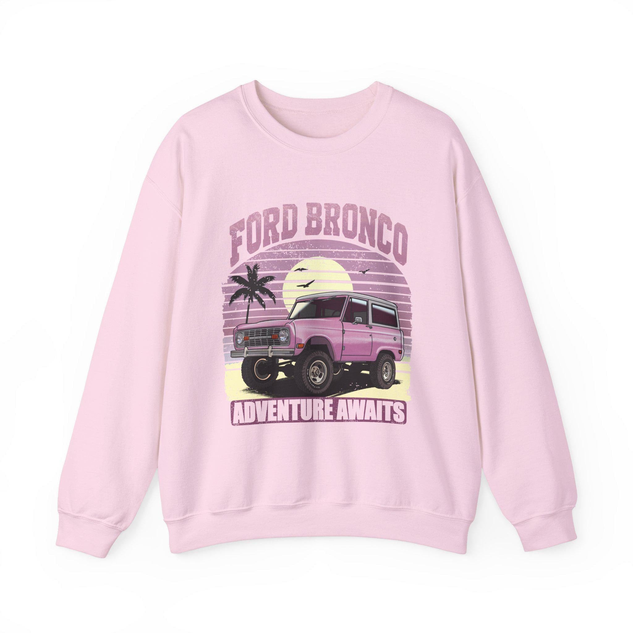 Retro Sunset Adventure Awaits Pullover Sweatshirt, Ford Bronco 1960s Pastel Pink Feminine Gift, Unisex Vintage Crewneck