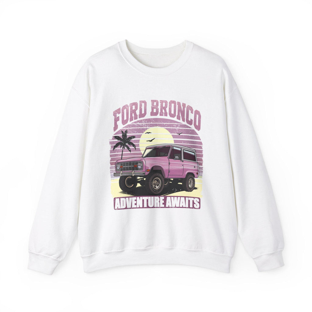 Retro Sunset Adventure Awaits Pullover Sweatshirt, Ford Bronco 1960s Pastel Pink Feminine Gift, Unisex Vintage Crewneck