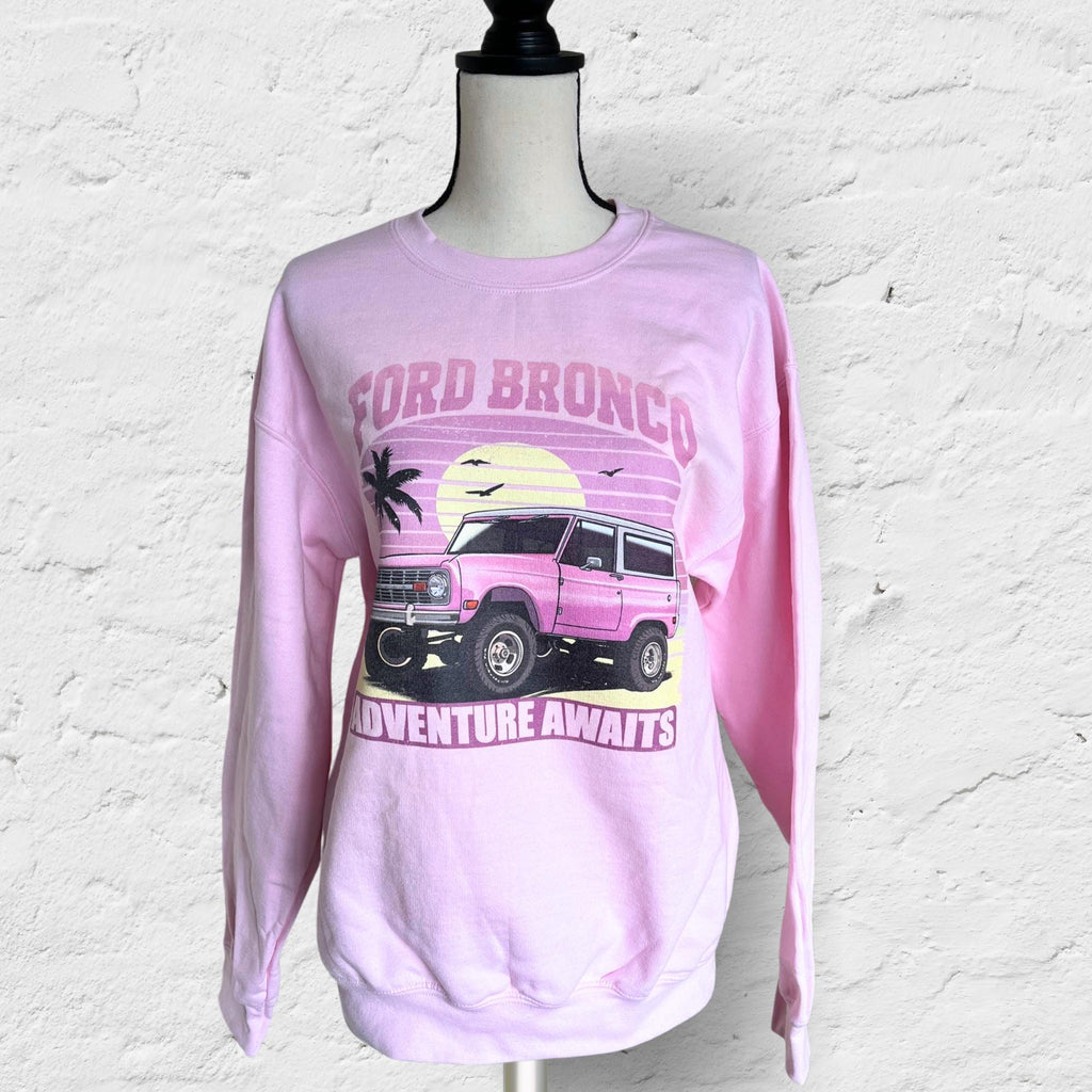 Retro Sunset Adventure Awaits Pullover Sweatshirt, Ford Bronco 1960s Pastel Pink Feminine Gift, Unisex Vintage Crewneck