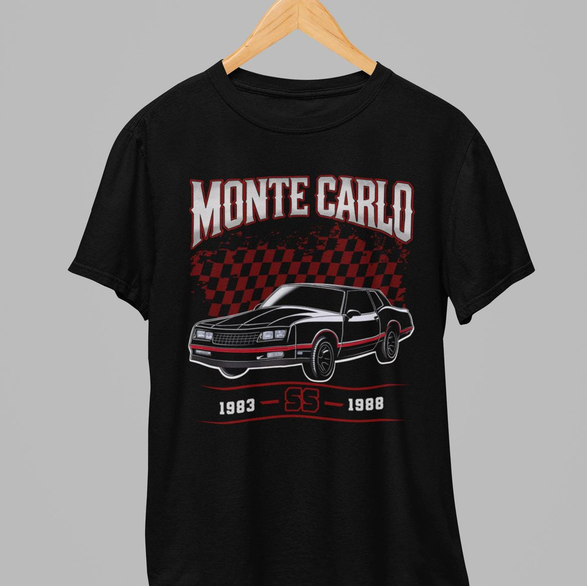 1983-1988 Monte Carlo SS T-Shirt - Red & Black Retro Race Checkered Flag Design | Unisex Classic Car Tee