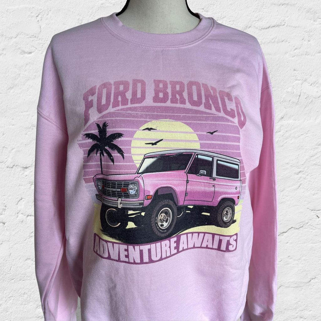 Retro Sunset Adventure Awaits Pullover Sweatshirt, Ford Bronco 1960s Pastel Pink Feminine Gift, Unisex Vintage Crewneck