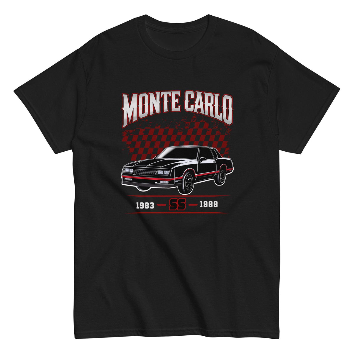 1983-1988 Monte Carlo SS T-Shirt - Red & Black Retro Race Checkered Flag Design | Unisex Classic Car Tee