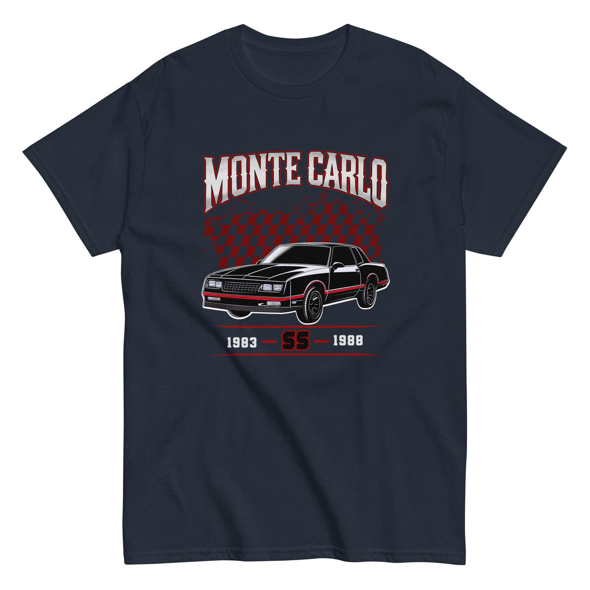 1983-1988 Monte Carlo SS T-Shirt - Red & Black Retro Race Checkered Flag Design | Unisex Classic Car Tee