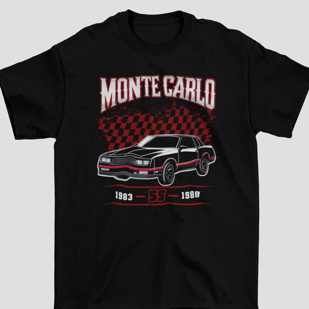 1983-1988 Monte Carlo SS T-Shirt - Red & Black Retro Race Checkered Flag Design | Unisex Classic Car Tee