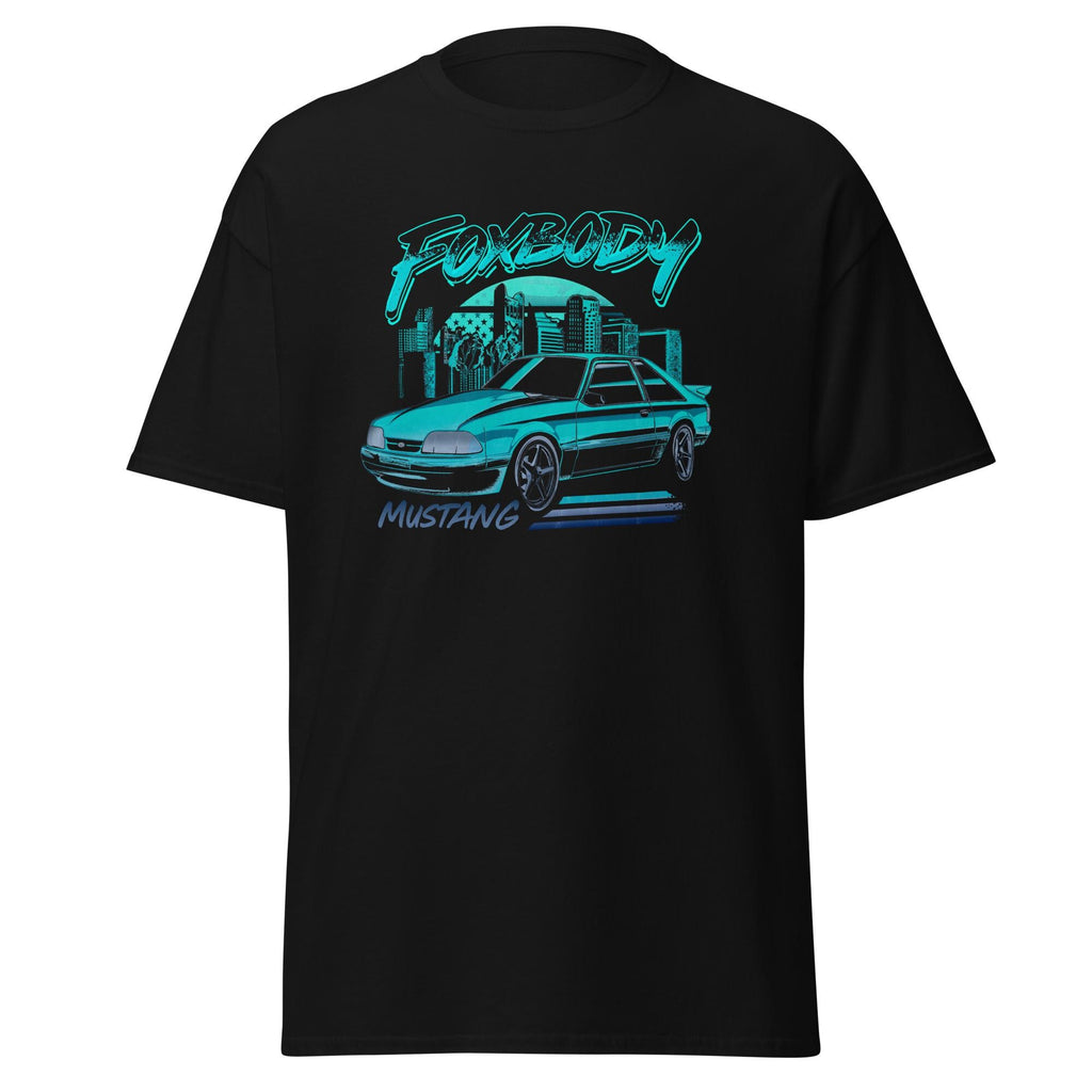 Foxbody Mustang T-Shirt | Retro Blue 90s Muscle Car Shirt | Unisex 100% Cotton Tee | American Classic Car Cityscape Design