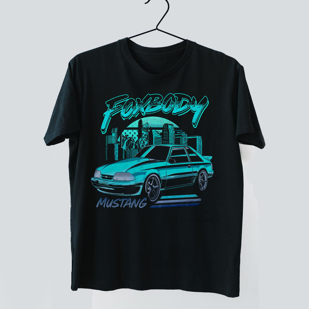 Foxbody Mustang T-Shirt | Retro Blue 90s Muscle Car Shirt | Unisex 100% Cotton Tee | American Classic Car Cityscape Design