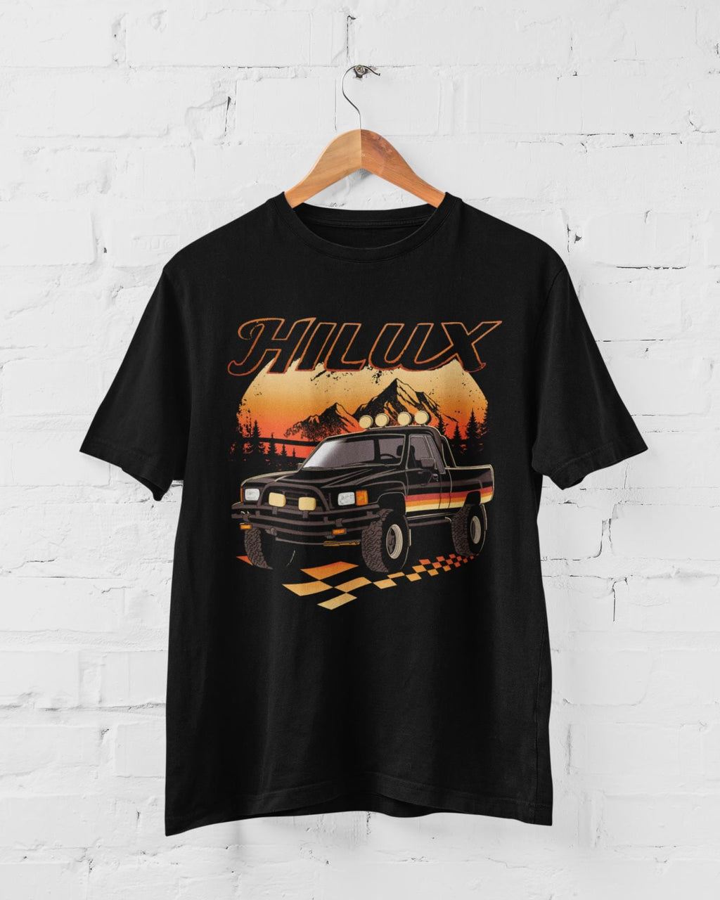 1980s Toyota Hilux T-Shirt: Classic Pickup Truck, Race Flag Design
