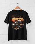 1980s Toyota Hilux T-Shirt: Classic Pickup Truck, Race Flag Design