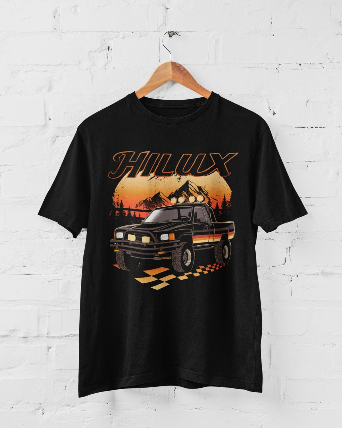 1980s Toyota Hilux T-Shirt: Classic Pickup Truck, Race Flag Design