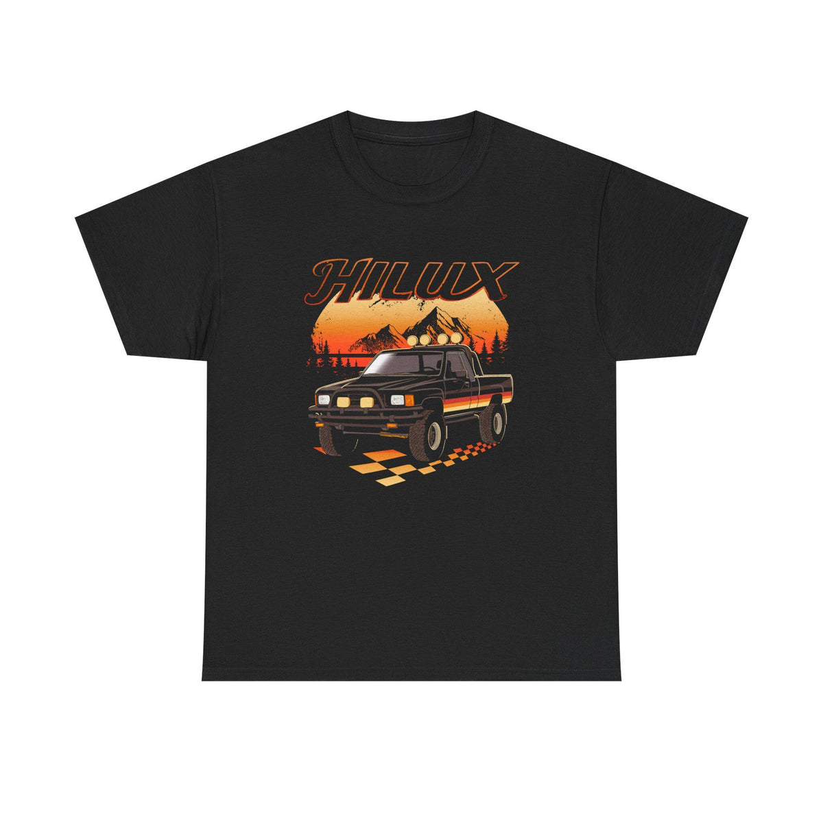 1980s Toyota Hilux T-Shirt: Classic Pickup Truck, Race Flag Design