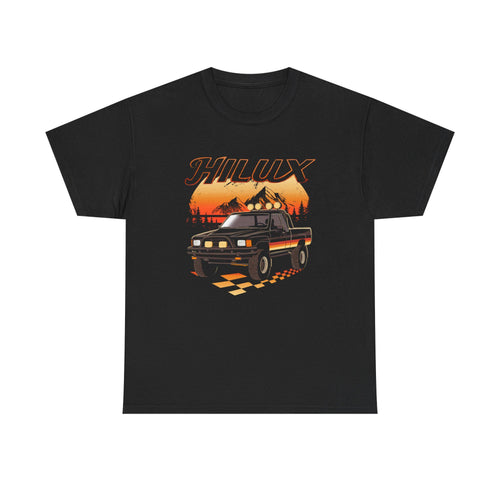 1980s Toyota Hilux T-Shirt: Classic Pickup Truck, Race Flag Design