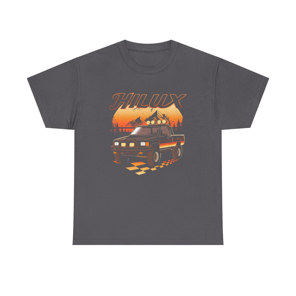1980s Toyota Hilux T-Shirt: Classic Pickup Truck, Race Flag Design
