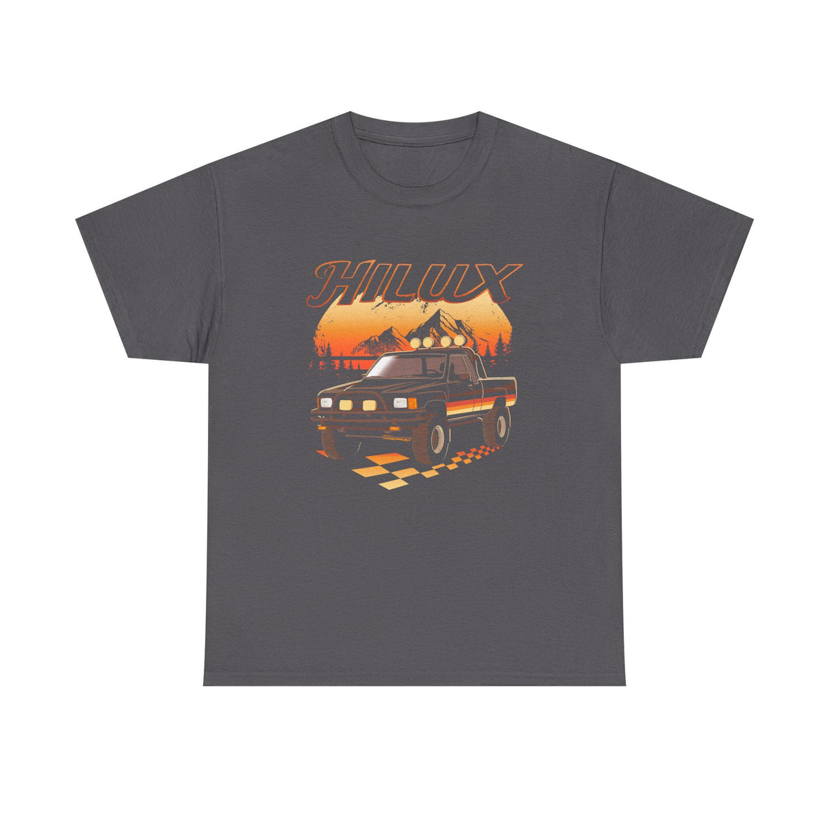 1980s Toyota Hilux T-Shirt: Classic Pickup Truck, Race Flag Design