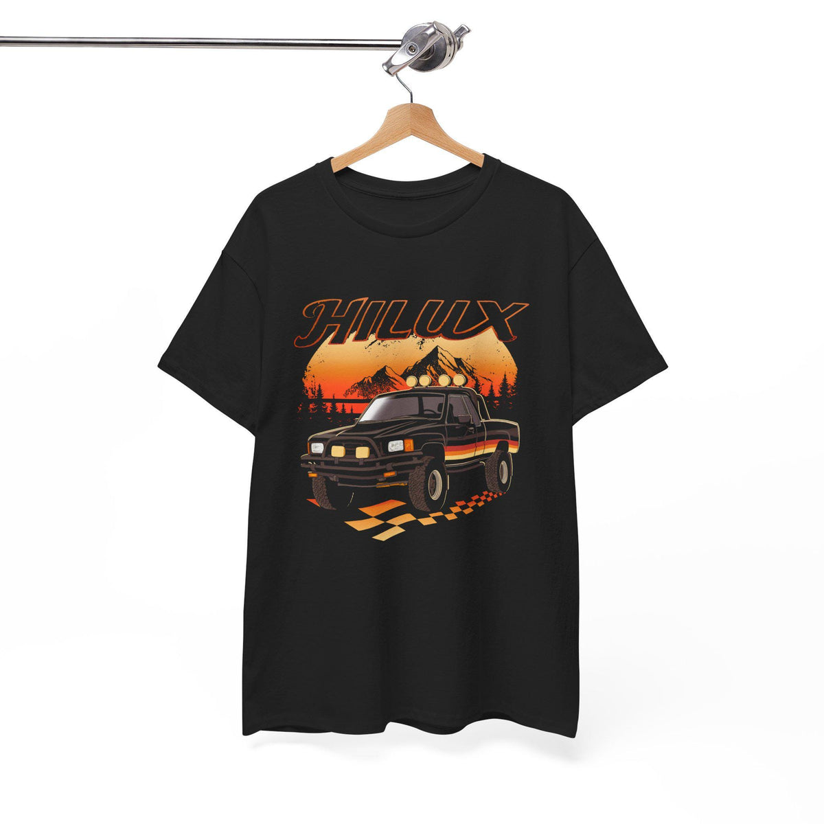 1980s Toyota Hilux T-Shirt: Classic Pickup Truck, Race Flag Design