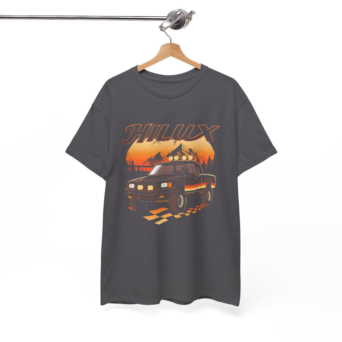 1980s Toyota Hilux T-Shirt: Classic Pickup Truck, Race Flag Design