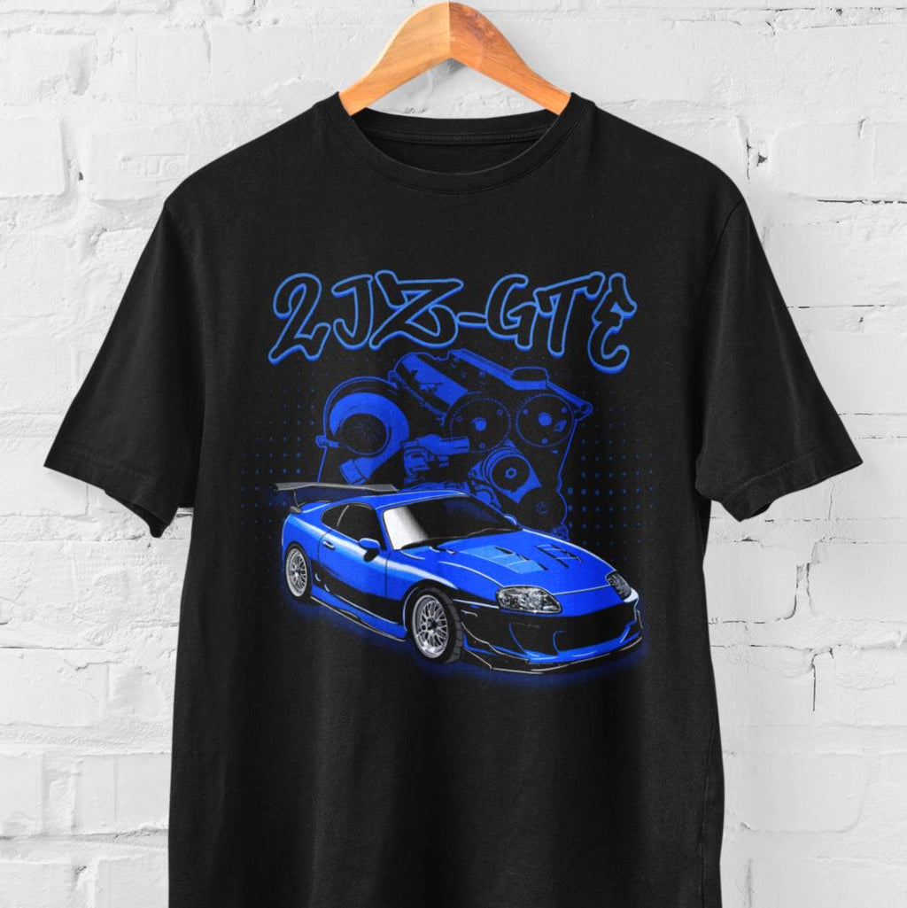 Blue 2JZ GTE Supra Turbo Black Unisex Tshirt 100% Cotton