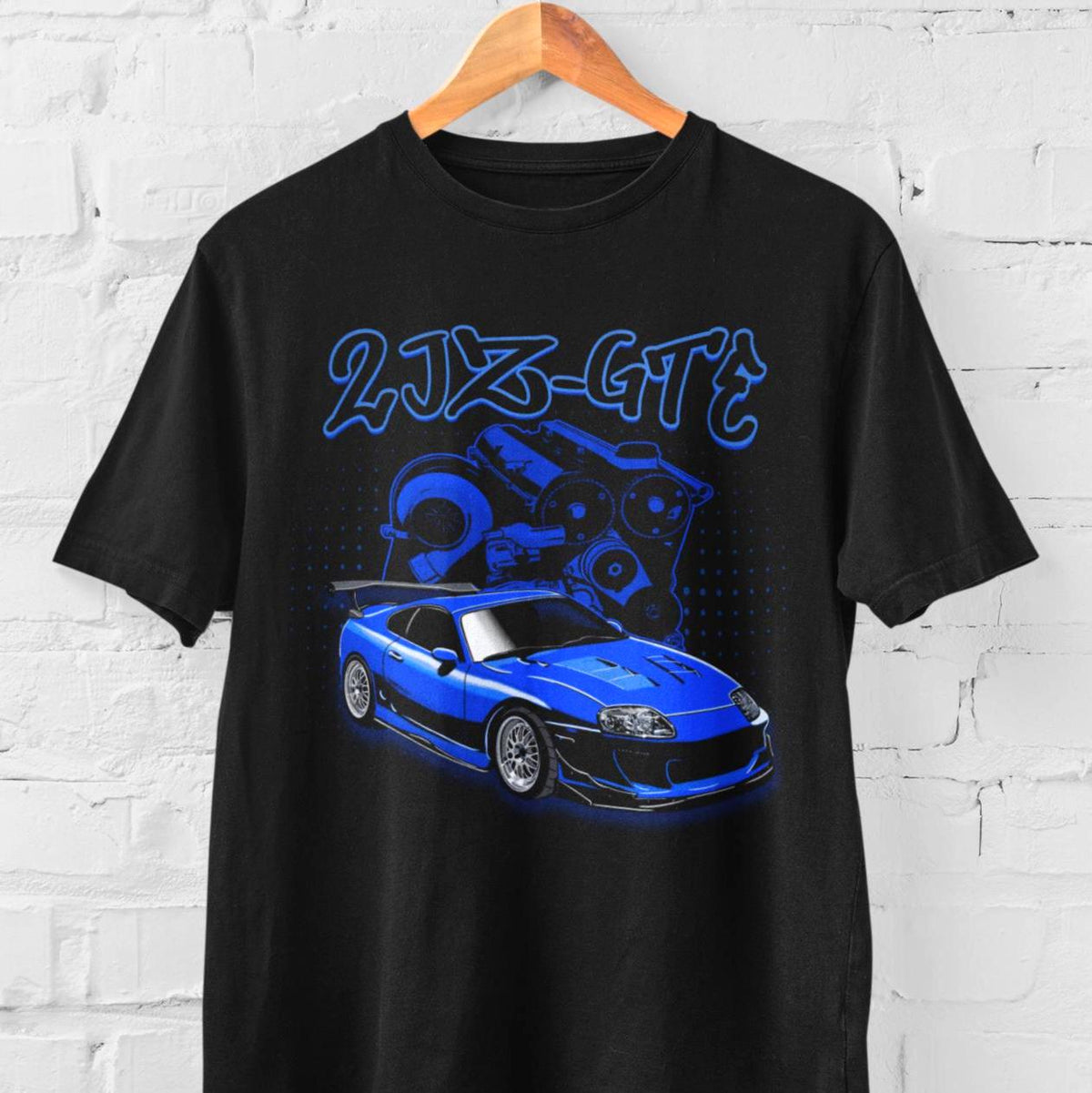 Blue 2JZ GTE Supra Turbo Black Unisex Tshirt 100% Cotton